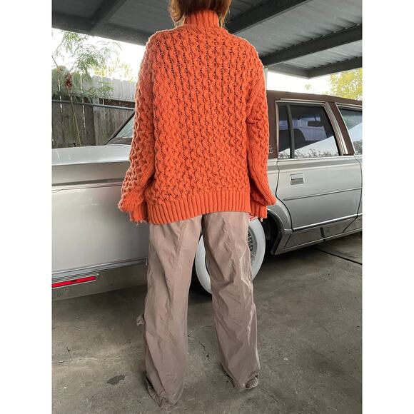 🔥Handmade Cable Knit Turtleneck Orange Pullover Cabin Cottage Retro Sweater - Picture 3 of 13